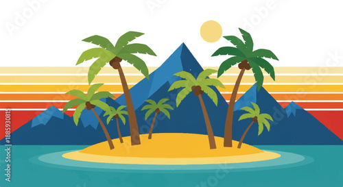 Tropical island with palm trees on sandy beach surrounded by calm ocean waters at sunset