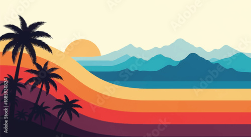 Serene tropical beach sunset illustration with palm trees and mountains in the distance
