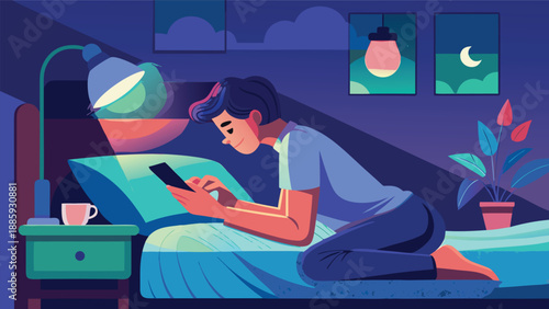 A vector illustration of a young woman lying in bed at night, browsing her phone. The calm, cozy bedroom setting features soft lighting, a bed with pillows, and a nightstand with minimal decor