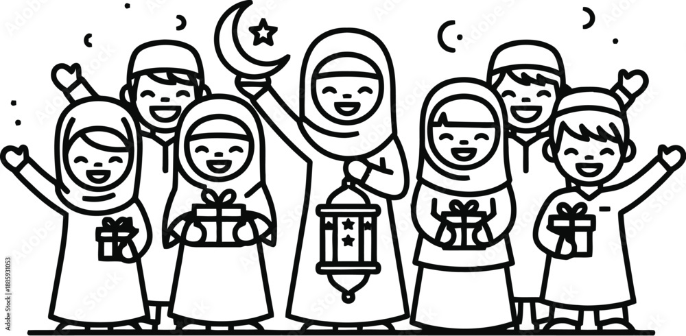 Naklejka premium Happy muslim family celebrating eid with gift and lantern