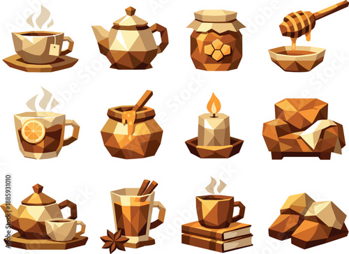 Warm Tea Icons. Warm tea with honey and comforting beverage illustrations visualized as a cohesive low-poly vector icon set built