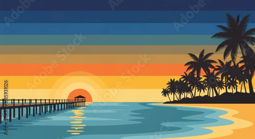 Serene sunset over a calm sea with a wooden pier and palm trees in a tranquil tropical environment