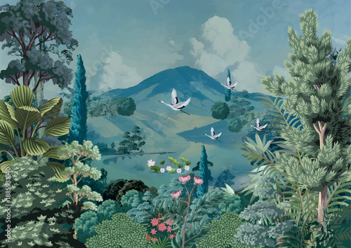 jungle wallpaper, Palazzo wallpaper, Mughal wall paper, Birds, Tree, Watercolor background.