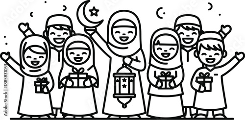 Happy muslim family celebrating eid with gift and lantern