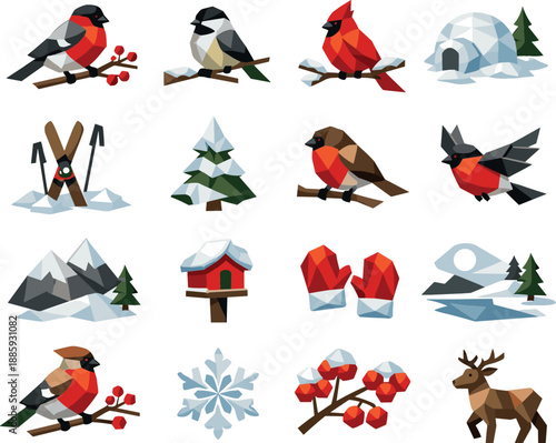 Winter Bird Icon Set. Low-poly polygonal vector icon set focused on bullfinch on branch, winter birds, snowy wildlife, and
