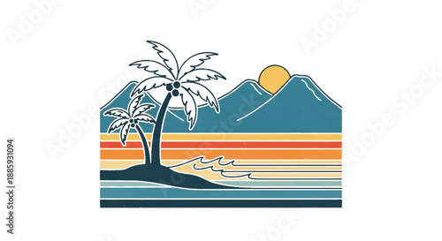 Tropical island getaway with palm tree, sun, and mountain range at stunning landscape sunset