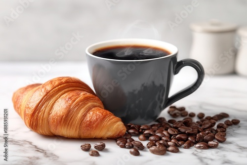 Fresh coffee croissant breakfast on marble table