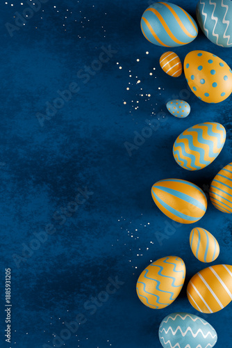 Easter decorated eggs with blue and gold patterns on a dark blue background. 3d rendering