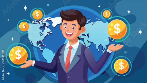 A digital illustration of a confident businessman holding a globe with floating dollar symbols around. The design reflects global business and financial success, with vibrant colors and modern visuals