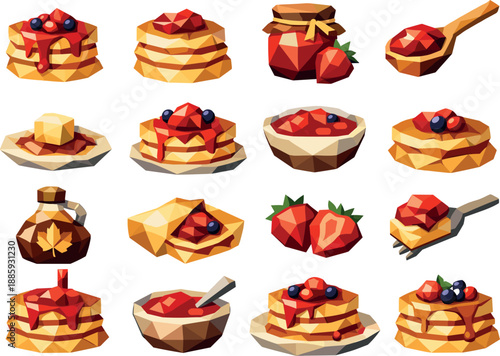 Pancake Icon Set. Traditional pancakes with jam illustrated as a cohesive low-poly vector icon set built from angular polygonal