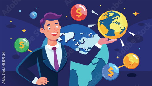 A digital illustration of a confident businessman holding a globe with floating dollar symbols around. The design reflects global business and financial success, with vibrant colors and modern visuals