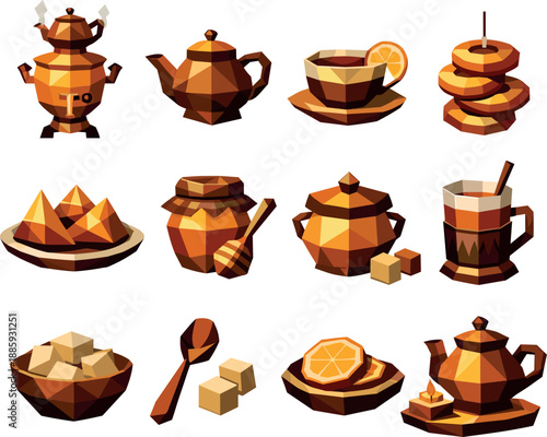 Samovar Tea Icons. Low-poly vector icon set for hot samovar and traditional tea setup, featuring angular polygonal geometry, sharp