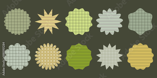 Retro pastel green and gold sticker set. Vector geometric labels with grid and stripe patterns for tags, scrapbook, children's creativity.