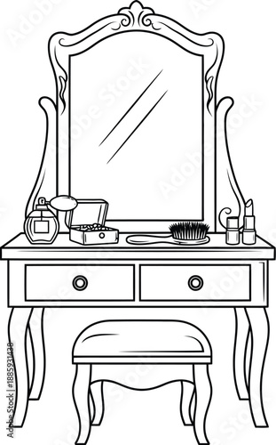 Elegant antique style dressing table with ornate mirror and essential beauty accessories including perfume brush and lipstick perfect for boudoir decor coloring book page illustration.