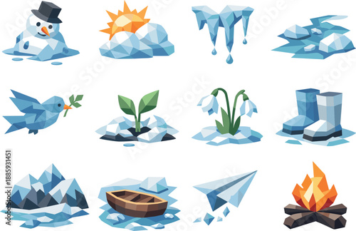 Winter Farewell Icons. Seasonal thaw and sending off winter visualized as a low-poly vector icon set with sharp polygon edges,