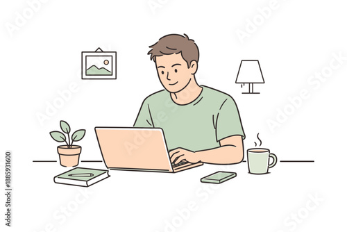 Home Office Focus. A man focused on his laptop while working from home, clean flat line illustration showing relaxed posture and