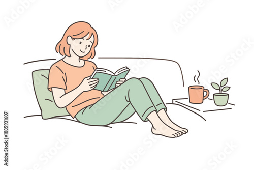 Relaxed Reading Session. A relaxed woman enjoying a quiet reading session while sitting on a sofa, clean flat line illustration