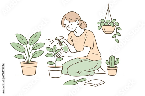Indoor Plant Care. A relaxed woman taking care of indoor plants at home, clean flat line illustration showing gentle movement and