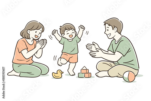 Happy Family Playtime. A mother and father playing happily with their young child at home, clean flat line illustration showing