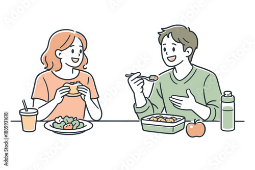Lunch Break Chat. Two friends enjoying lunch during a work break, clean flat line illustration showing casual conversation and