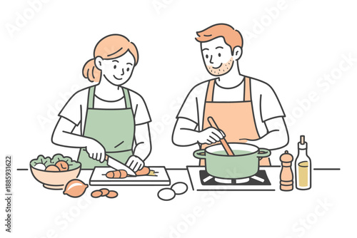 Cooking Together Harmony. Two partners preparing a meal together in a home kitchen, clean flat line illustration showing relaxed