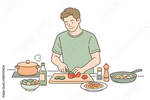 Homemade Cooking Bliss. An adult man preparing an easy homemade meal in the kitchen, clean flat line illustration showing relaxed