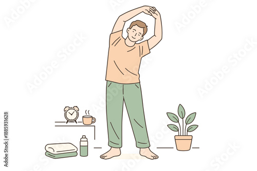 Morning Stretch Routine. An adult man starting the day with gentle stretching at home, clean flat line illustration showing