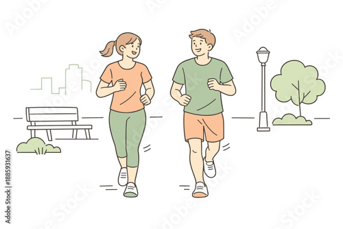 Urban Park Jog. Two friends enjoying a relaxed jog in an urban park, clean flat line illustration showing light movement and