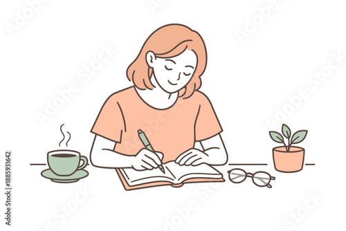 Journaling in Serenity. A relaxed woman writing in her journal during a quiet coffee moment, clean flat line illustration showing