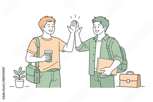 Friendly Afterwork Greeting. Two friends greeting each other after a workday, clean flat line illustration showing casual smiles