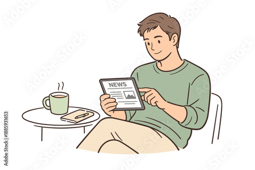 Digital News Break. An adult man catching up on news using a tablet during a quiet break, clean flat line illustration showing
