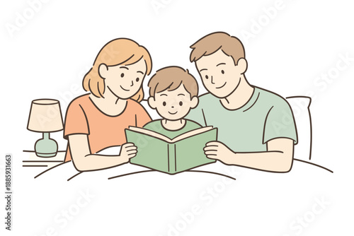 Bedtime Storytime Moment. A mother and father sharing a bedtime story with their child, clean flat line illustration showing