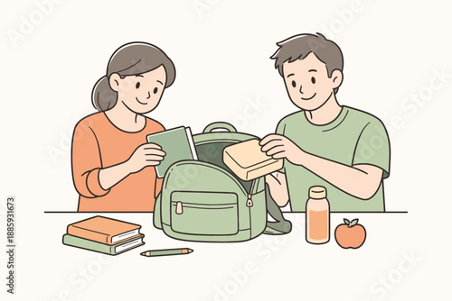 Family Morning Routine. A mother and father preparing a child’s school backpack at home, clean flat line illustration showing