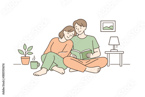 Calm Cozy Companionship. Two friends meet after work, standing together and greeting calmly at the end of the day, minimalist flat