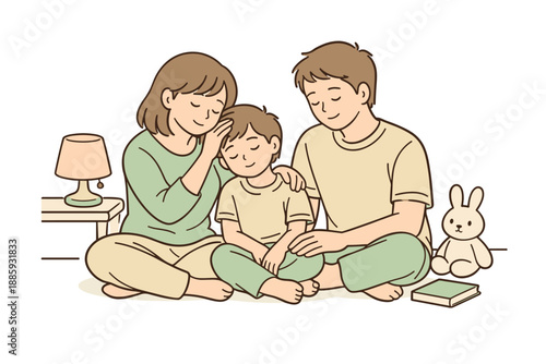 Soothing Bedtime Moment. Parents gently helping their tired child relax, seated together with soft body language and reassuring