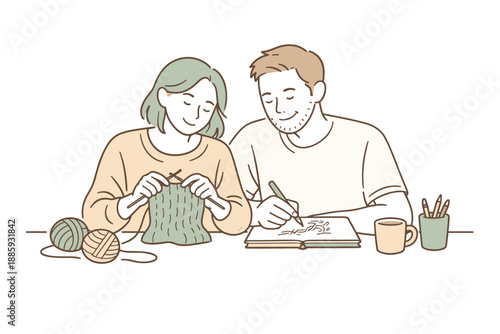 Partners Enjoying Hobbies. Partners spending time on a favorite hobby side by side, gentle focus and easy body language showing