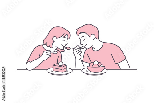 Couple Sharing Dessert. Couple leans toward each other tasting dessert from shared plates calmly Minimalist flat line vector