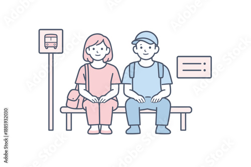 Waiting for Transit. Two friends sit side by side waiting quietly for a bus or tram Minimalist flat line vector illustration,