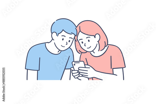 Friends Discussing Screen. Two friends lean toward a phone discussing what they see on the screen quietly Minimalist flat line