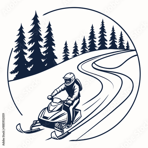 Snowmobiling through a winter forest