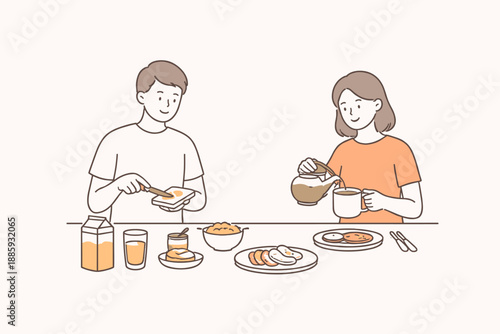 Weekend Breakfast Prep. Two family members prepare a simple weekend breakfast at the table calmly Minimalist flat line vector