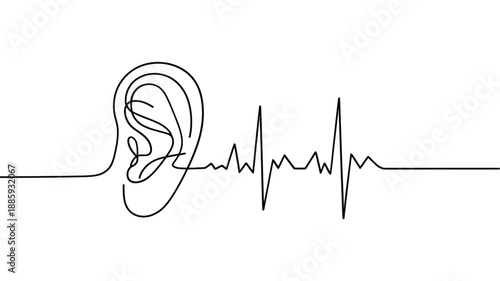 Line art depicting an ear seamlessly transitioning into a heartbeat waveform