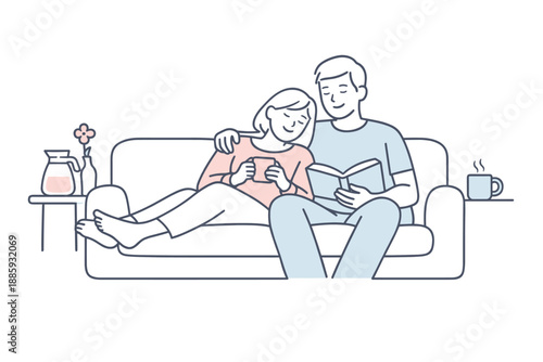 Peaceful Morning Embrace. Couple relaxes on a sofa sharing a peaceful slow morning moment together Minimalist flat line vector