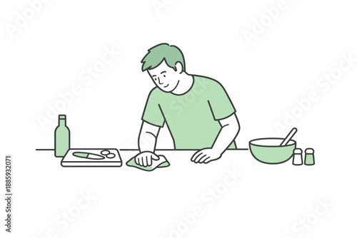 Kitchen Cleanup Illustration. Man leans slightly forward cleaning a kitchen counter after meal preparation Minimalist flat line