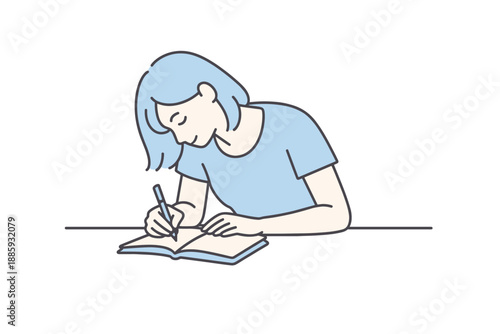 Quiet Reflections. Woman leans over a table jotting down personal thoughts in a notebook quietly Minimalist flat line vector