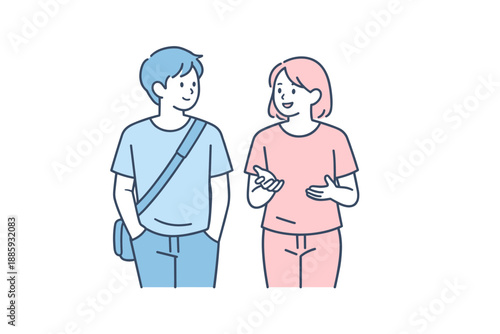 Chatting Friends Strolling. Two friends walk side by side talking about their life goals calmly Minimalist flat line vector