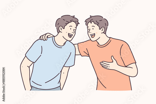 Chatting Friends. Two friends lean toward each other smiling and talking during a humorous conversation Minimalist flat line