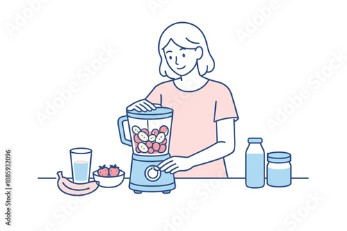 Simplified Smoothie Preparation. Woman blends fruits in a mixer while calmly making a smoothie at home Minimalist flat line vector