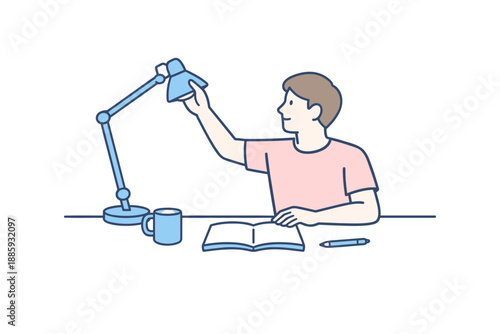 Minimalist Desk Scene. Man sits at a desk reaching up to reposition a desk lamp calmly Minimalist flat line vector illustration,