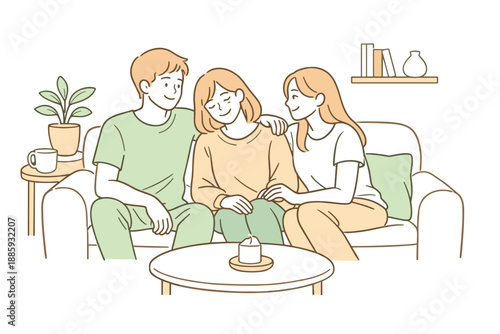 Friendly Living Room Gathering. Close friends spending time in a living room, seated comfortably side by side with relaxed body